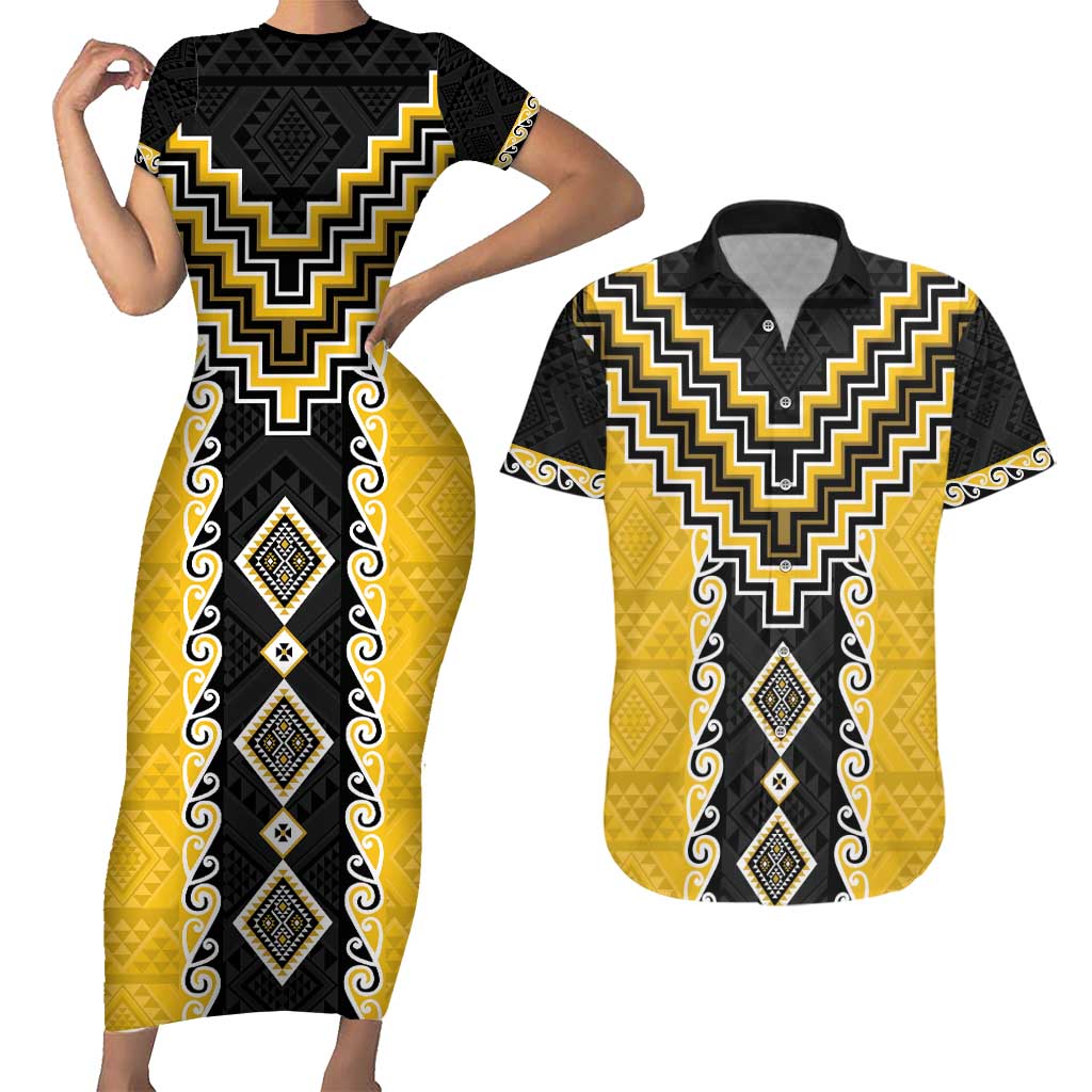 Yellow Niho Taniwha Mix Poutama Couples Matching Short Sleeve Bodycon Dress and Hawaiian Shirt Unique Taniko Aotearoa LT01 Yellow - Polynesian Pride