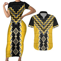 Yellow Niho Taniwha Mix Poutama Couples Matching Short Sleeve Bodycon Dress and Hawaiian Shirt Unique Taniko Aotearoa LT01 Yellow - Polynesian Pride
