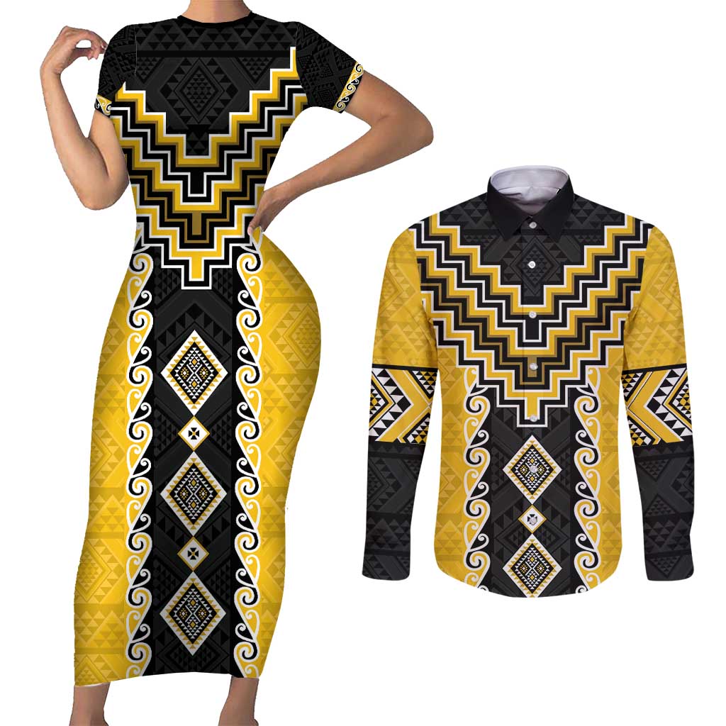 Yellow Niho Taniwha Mix Poutama Couples Matching Short Sleeve Bodycon Dress and Long Sleeve Button Shirt Unique Taniko Aotearoa LT01 Yellow - Polynesian Pride