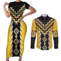 Yellow Niho Taniwha Mix Poutama Couples Matching Short Sleeve Bodycon Dress and Long Sleeve Button Shirt Unique Taniko Aotearoa LT01 Yellow - Polynesian Pride