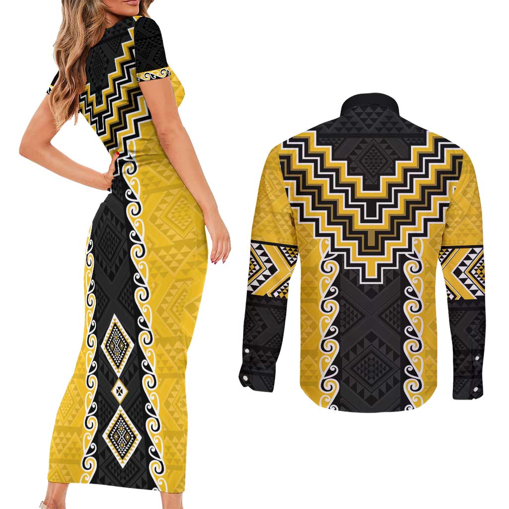 Yellow Niho Taniwha Mix Poutama Couples Matching Short Sleeve Bodycon Dress and Long Sleeve Button Shirt Unique Taniko Aotearoa LT01 - Polynesian Pride