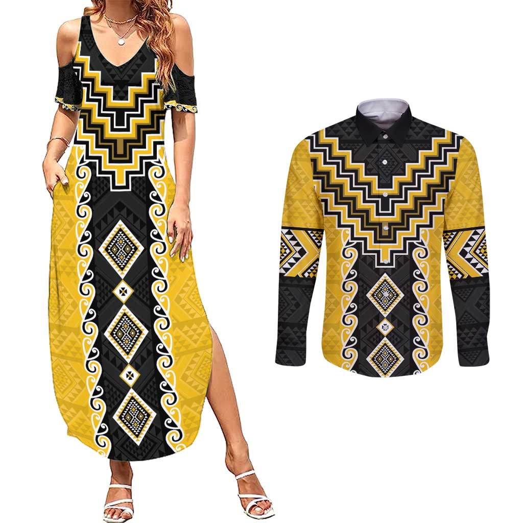Yellow Niho Taniwha Mix Poutama Couples Matching Summer Maxi Dress and Long Sleeve Button Shirt Unique Taniko Aotearoa LT01 Yellow - Polynesian Pride