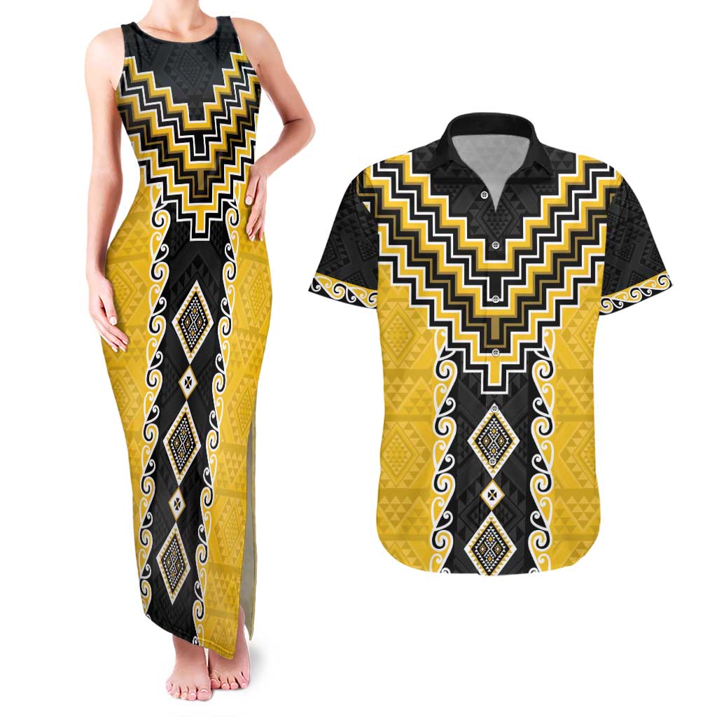 Yellow Niho Taniwha Mix Poutama Couples Matching Tank Maxi Dress and Hawaiian Shirt Unique Taniko Aotearoa LT01 Yellow - Polynesian Pride