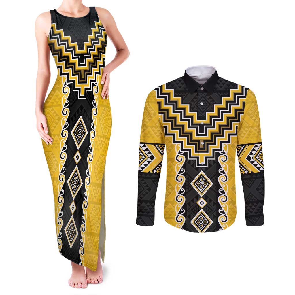 Yellow Niho Taniwha Mix Poutama Couples Matching Tank Maxi Dress and Long Sleeve Button Shirt Unique Taniko Aotearoa LT01 Yellow - Polynesian Pride