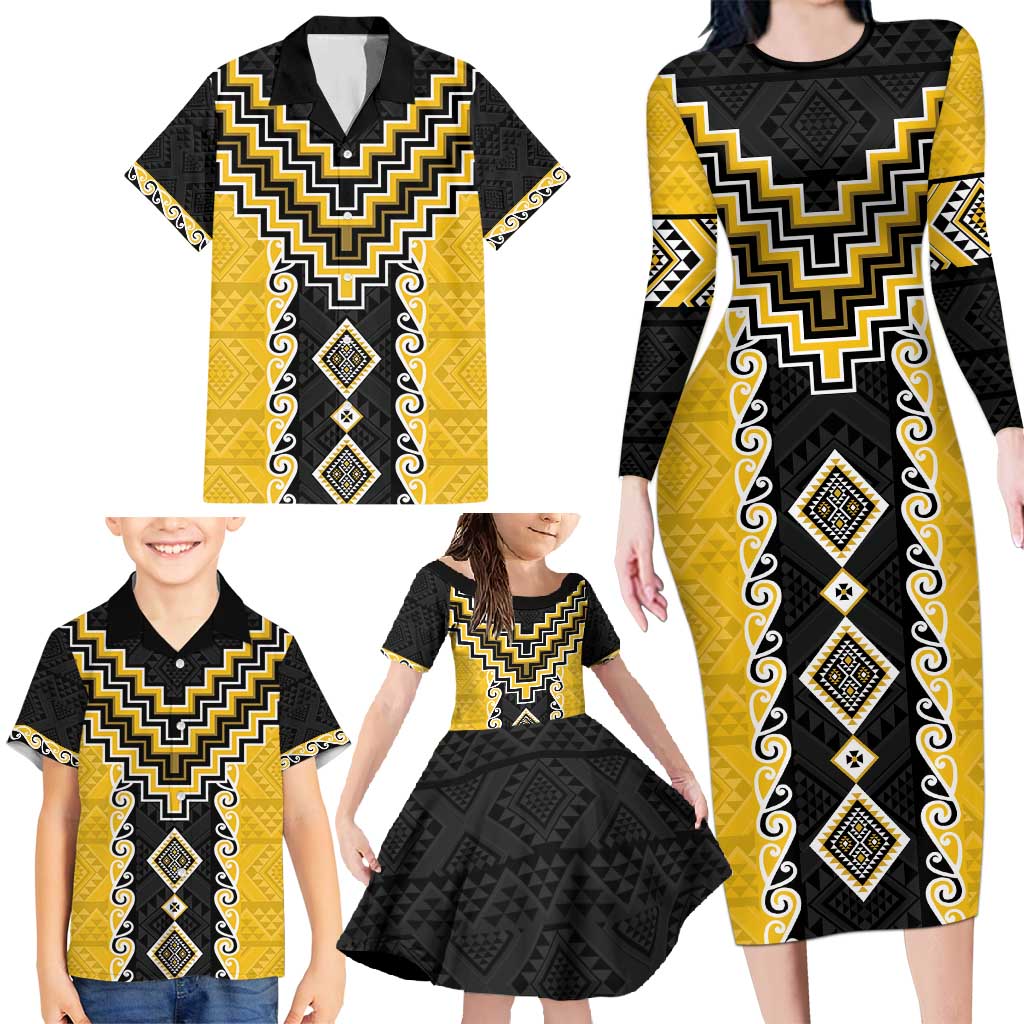 Yellow Niho Taniwha Mix Poutama Family Matching Long Sleeve Bodycon Dress and Hawaiian Shirt Unique Taniko Aotearoa LT01 - Polynesian Pride