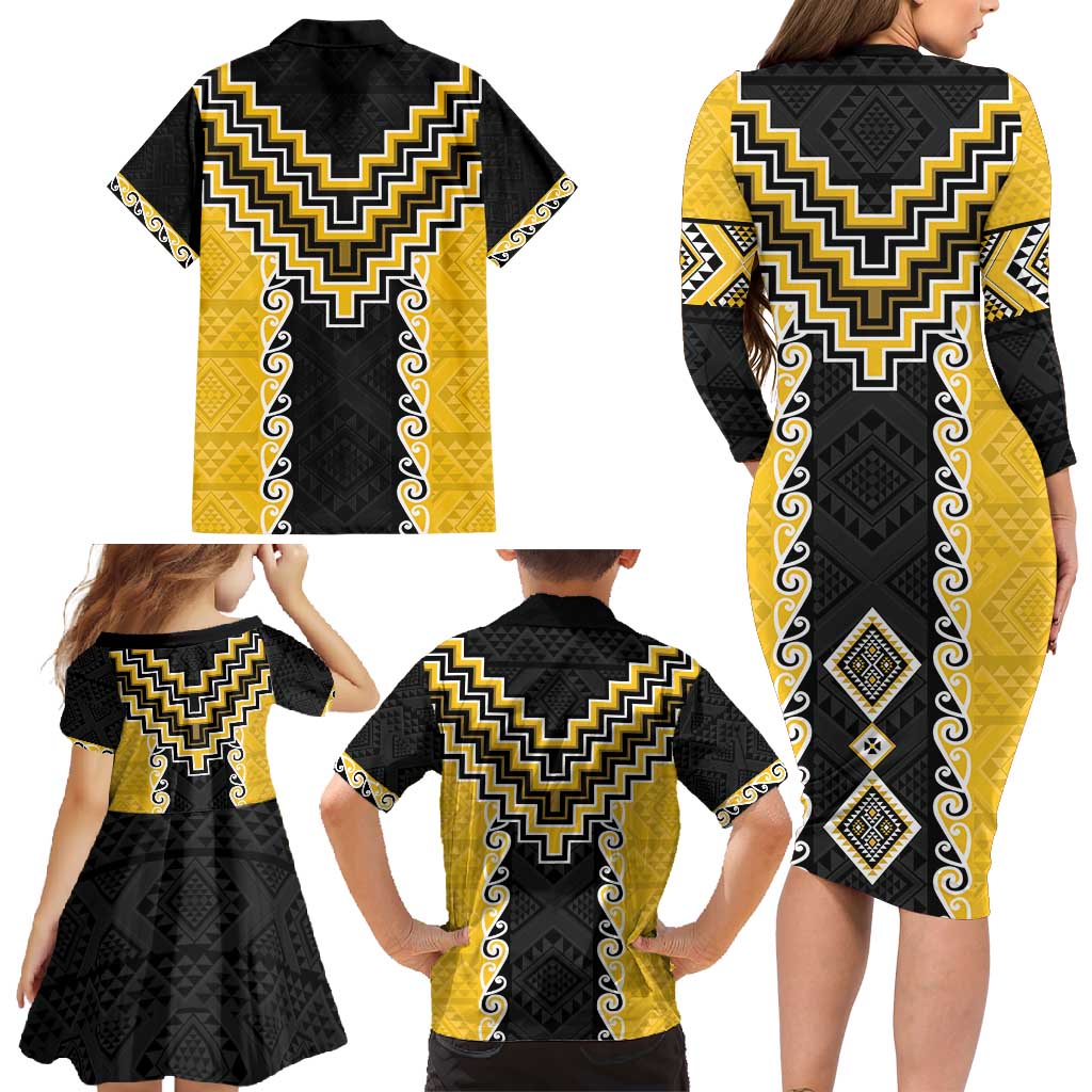 Yellow Niho Taniwha Mix Poutama Family Matching Long Sleeve Bodycon Dress and Hawaiian Shirt Unique Taniko Aotearoa LT01 - Polynesian Pride