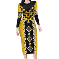 Yellow Niho Taniwha Mix Poutama Family Matching Long Sleeve Bodycon Dress and Hawaiian Shirt Unique Taniko Aotearoa LT01 Mom's Dress Yellow - Polynesian Pride