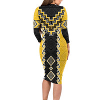 Yellow Niho Taniwha Mix Poutama Family Matching Long Sleeve Bodycon Dress and Hawaiian Shirt Unique Taniko Aotearoa LT01 - Polynesian Pride