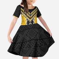 Yellow Niho Taniwha Mix Poutama Family Matching Mermaid Dress and Hawaiian Shirt Unique Taniko Aotearoa LT01 Daughter's Dress Yellow - Polynesian Pride