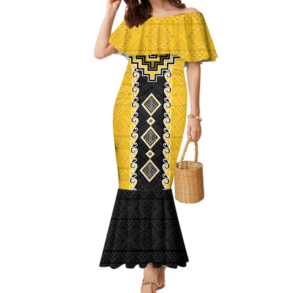 Yellow Niho Taniwha Mix Poutama Family Matching Mermaid Dress and Hawaiian Shirt Unique Taniko Aotearoa LT01 Mom's Dress Yellow - Polynesian Pride