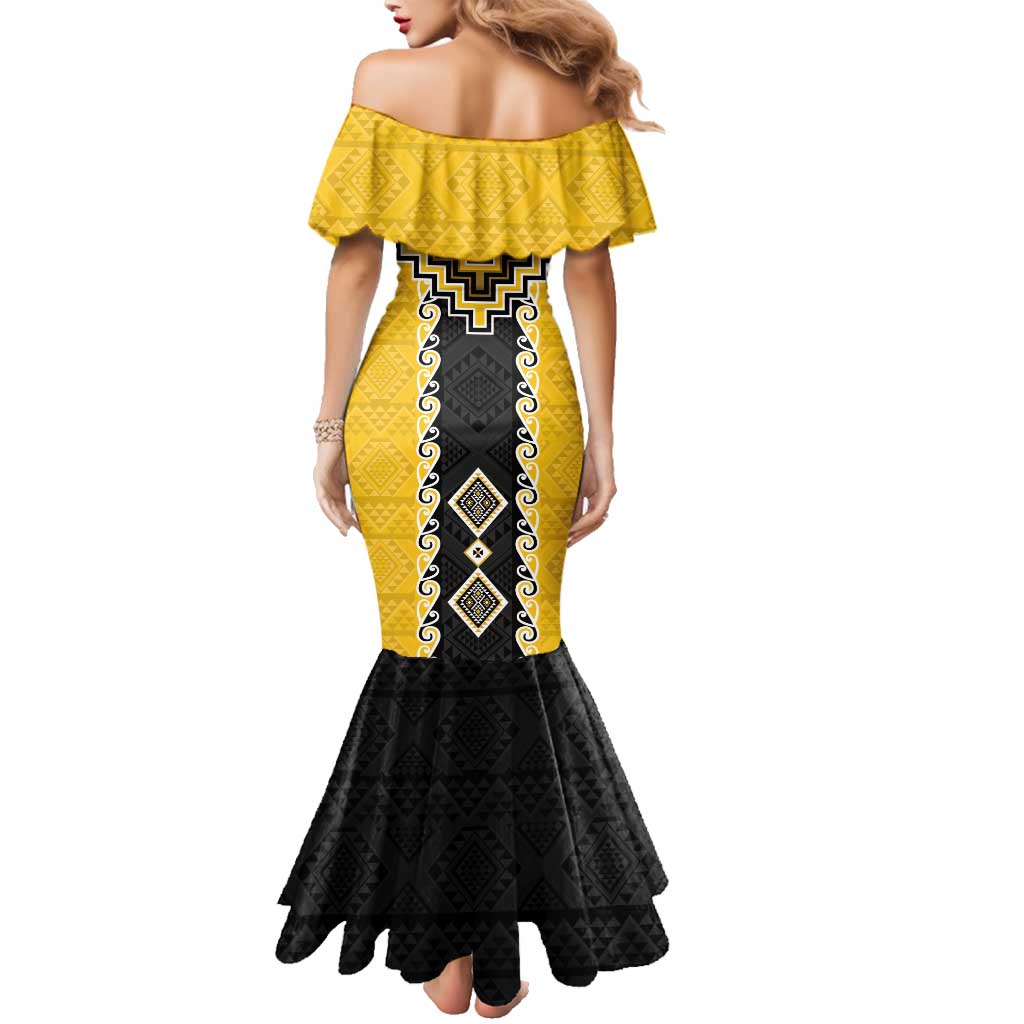 Yellow Niho Taniwha Mix Poutama Family Matching Mermaid Dress and Hawaiian Shirt Unique Taniko Aotearoa LT01 - Polynesian Pride