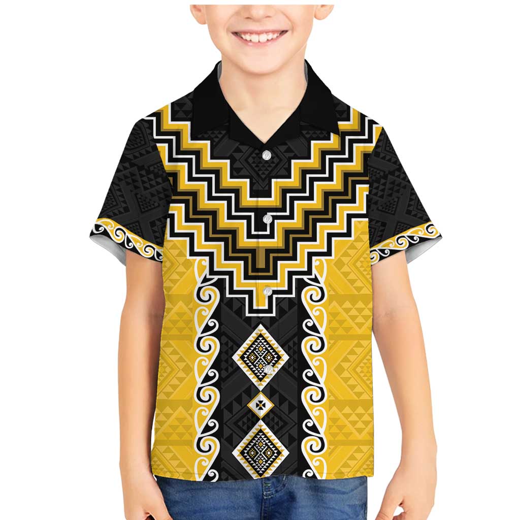 Yellow Niho Taniwha Mix Poutama Family Matching Mermaid Dress and Hawaiian Shirt Unique Taniko Aotearoa LT01 Son's Shirt Yellow - Polynesian Pride