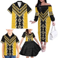 Yellow Niho Taniwha Mix Poutama Family Matching Off The Shoulder Long Sleeve Dress and Hawaiian Shirt Unique Taniko Aotearoa LT01 - Polynesian Pride