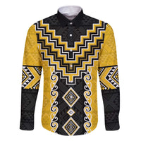 Yellow Niho Taniwha Mix Poutama Family Matching Off The Shoulder Long Sleeve Dress and Hawaiian Shirt Unique Taniko Aotearoa LT01 Dad's Shirt - Long Sleeve Yellow - Polynesian Pride