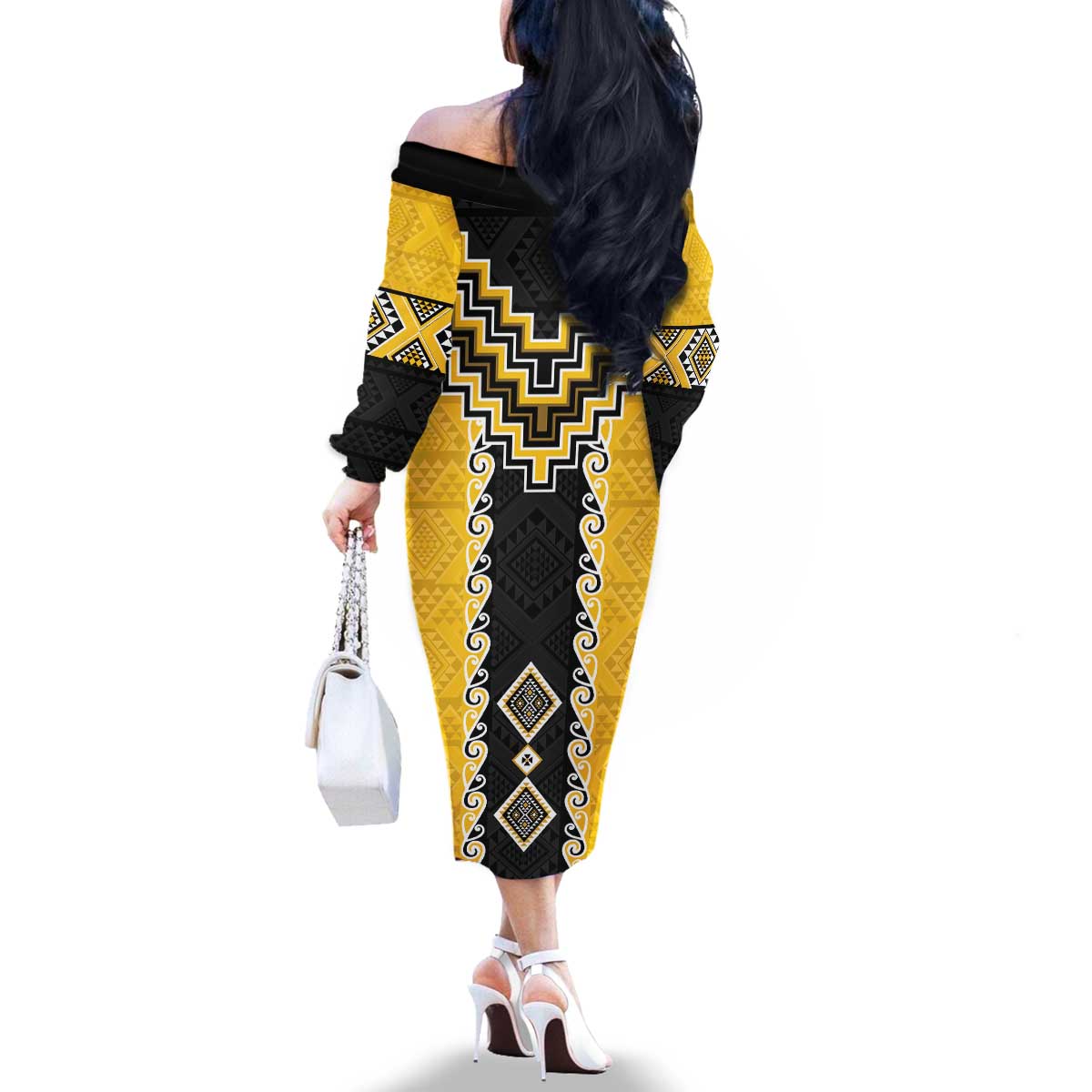 Yellow Niho Taniwha Mix Poutama Family Matching Off The Shoulder Long Sleeve Dress and Hawaiian Shirt Unique Taniko Aotearoa LT01 - Polynesian Pride