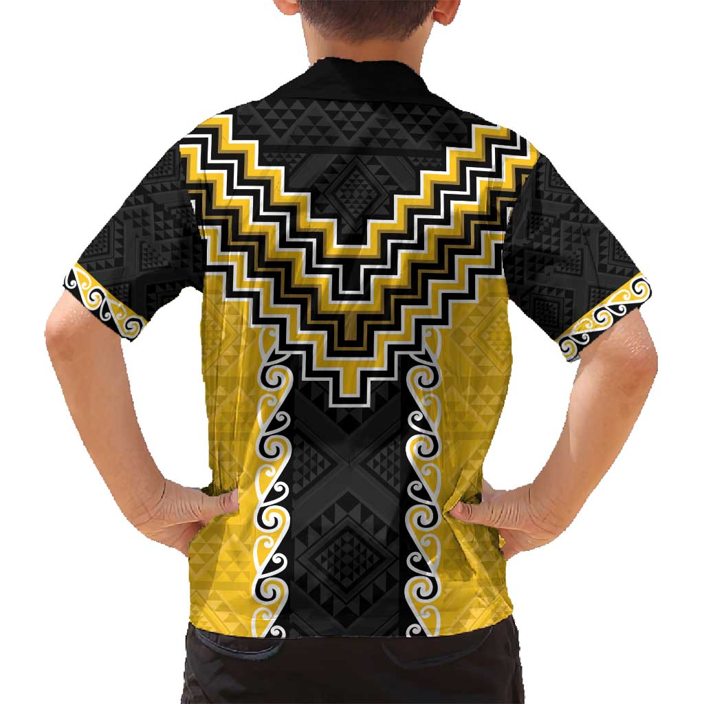 Yellow Niho Taniwha Mix Poutama Family Matching Off Shoulder Maxi Dress and Hawaiian Shirt Unique Taniko Aotearoa LT01 - Polynesian Pride