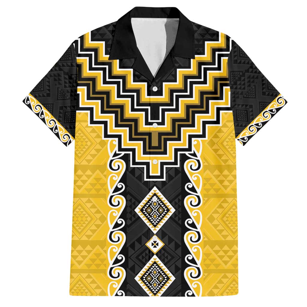 Yellow Niho Taniwha Mix Poutama Family Matching Off Shoulder Maxi Dress and Hawaiian Shirt Unique Taniko Aotearoa LT01 Dad's Shirt - Short Sleeve Yellow - Polynesian Pride