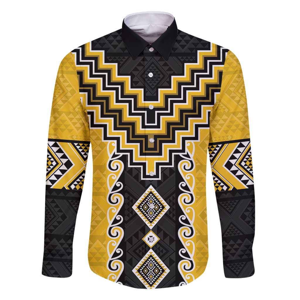 Yellow Niho Taniwha Mix Poutama Family Matching Off Shoulder Maxi Dress and Hawaiian Shirt Unique Taniko Aotearoa LT01 Dad's Shirt - Long Sleeve Yellow - Polynesian Pride