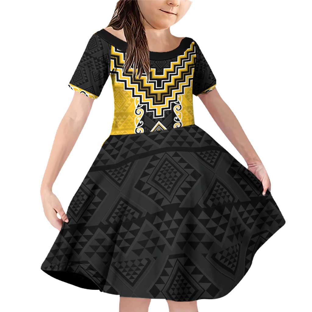 Yellow Niho Taniwha Mix Poutama Family Matching Off Shoulder Short Dress and Hawaiian Shirt Unique Taniko Aotearoa LT01 Daughter's Dress Yellow - Polynesian Pride