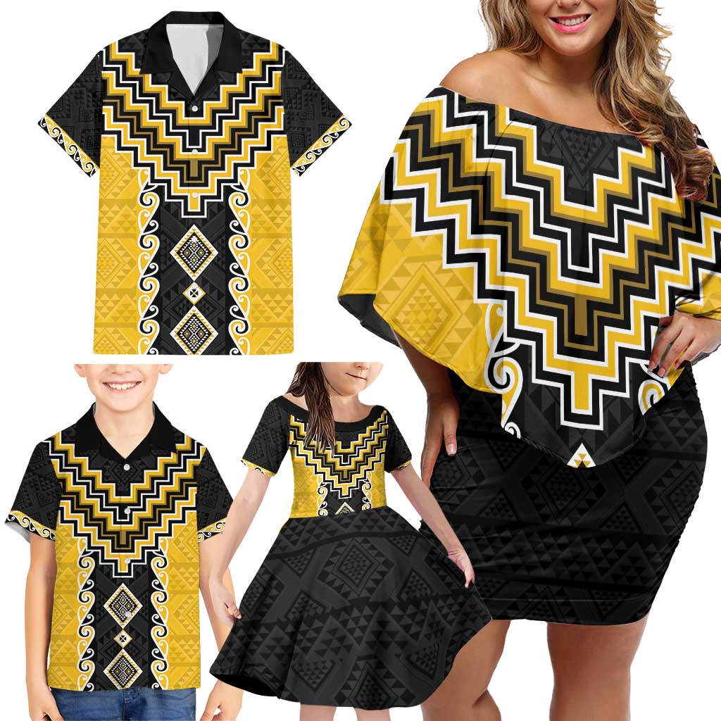 Yellow Niho Taniwha Mix Poutama Family Matching Off Shoulder Short Dress and Hawaiian Shirt Unique Taniko Aotearoa LT01 - Polynesian Pride