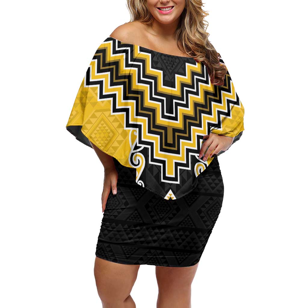 Yellow Niho Taniwha Mix Poutama Family Matching Off Shoulder Short Dress and Hawaiian Shirt Unique Taniko Aotearoa LT01 Mom's Dress Yellow - Polynesian Pride