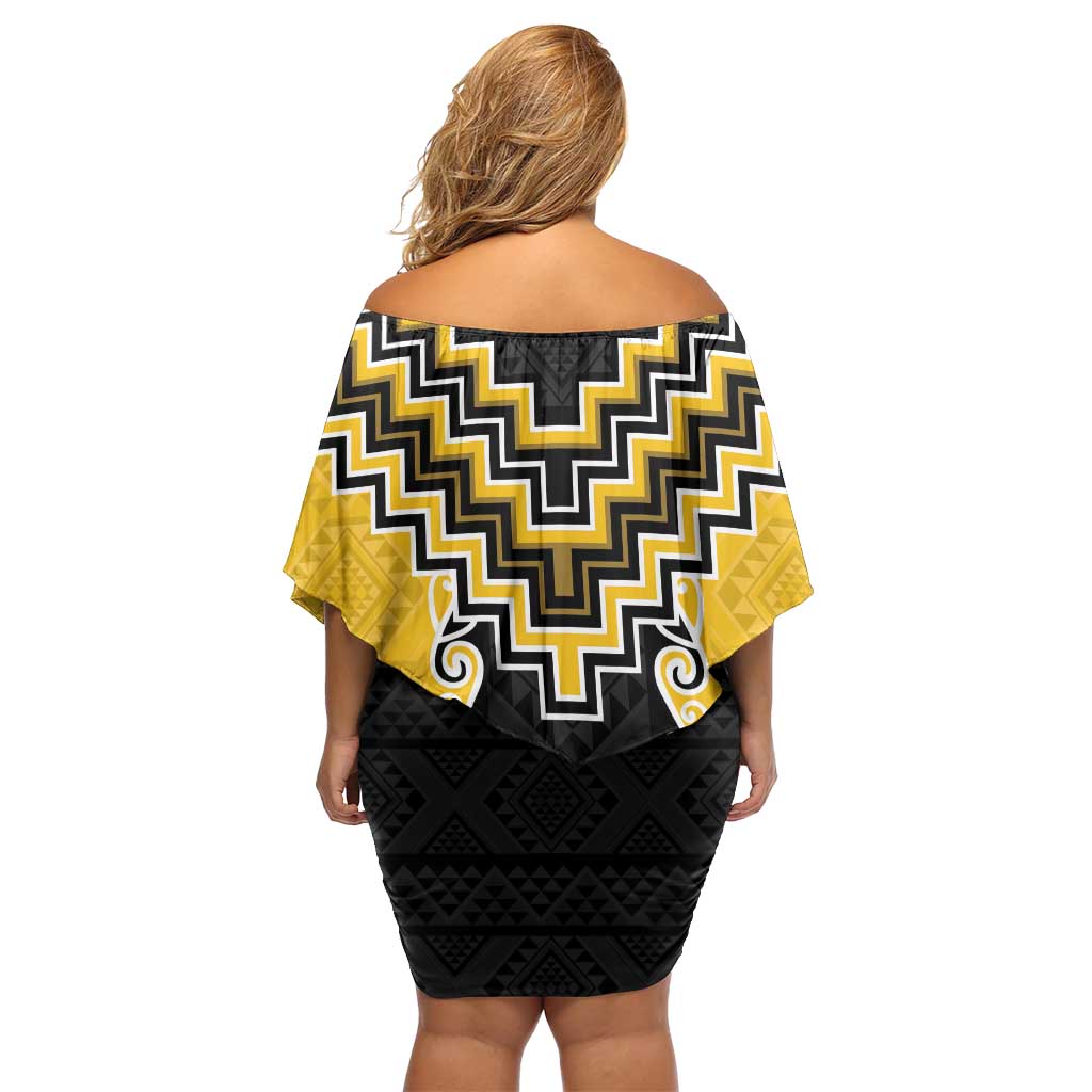 Yellow Niho Taniwha Mix Poutama Family Matching Off Shoulder Short Dress and Hawaiian Shirt Unique Taniko Aotearoa LT01 - Polynesian Pride