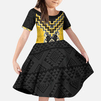 Yellow Niho Taniwha Mix Poutama Family Matching Puletasi and Hawaiian Shirt Unique Taniko Aotearoa LT01 Daughter's Dress Yellow - Polynesian Pride