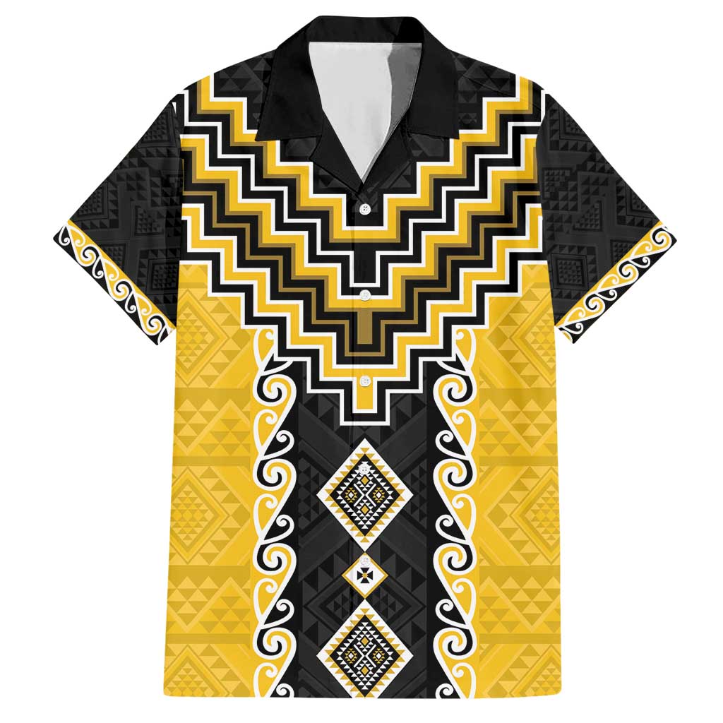 Yellow Niho Taniwha Mix Poutama Family Matching Short Sleeve Bodycon Dress and Hawaiian Shirt Unique Taniko Aotearoa LT01 Dad's Shirt - Short Sleeve Yellow - Polynesian Pride