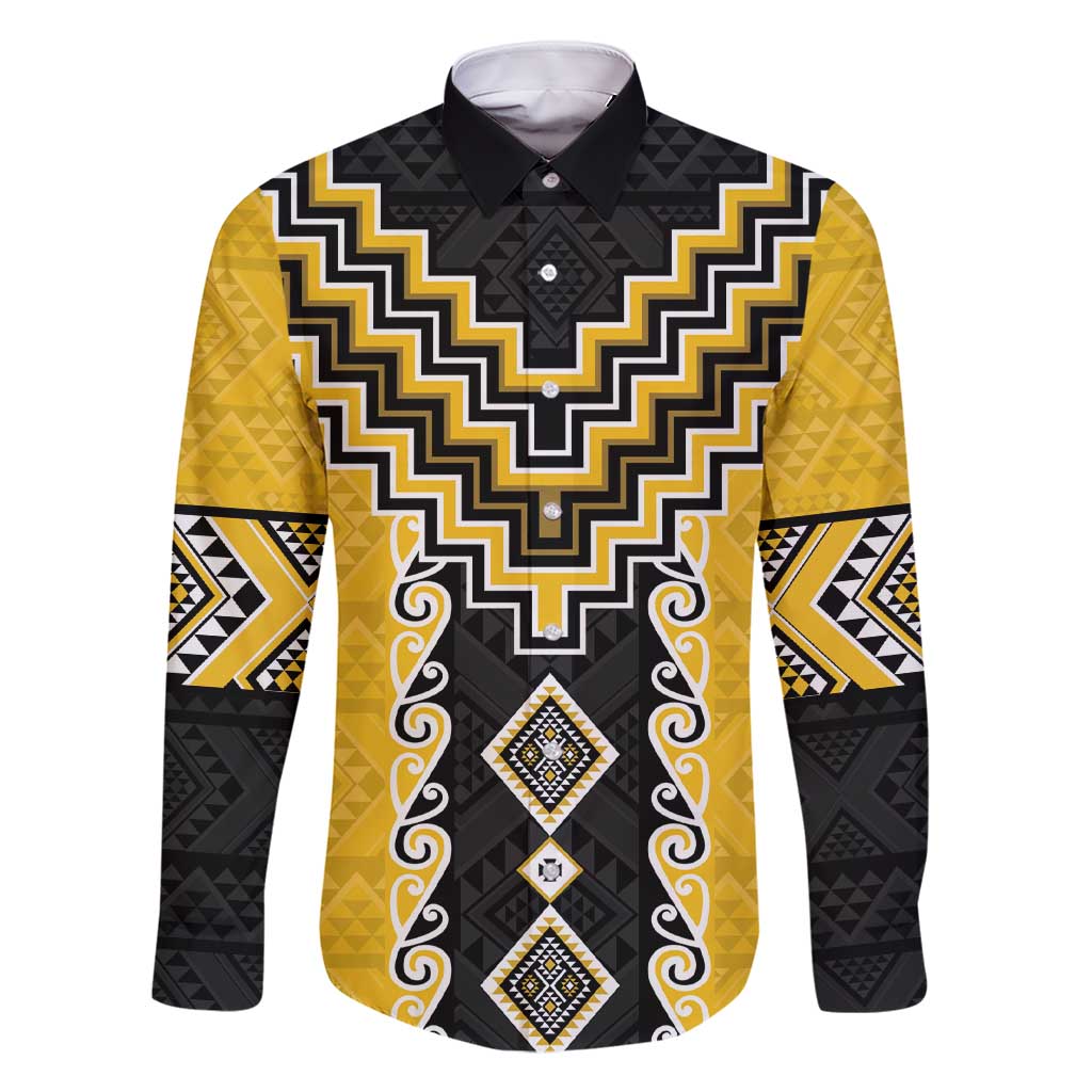 Yellow Niho Taniwha Mix Poutama Family Matching Short Sleeve Bodycon Dress and Hawaiian Shirt Unique Taniko Aotearoa LT01 Dad's Shirt - Long Sleeve Yellow - Polynesian Pride