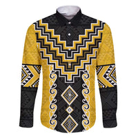 Yellow Niho Taniwha Mix Poutama Family Matching Short Sleeve Bodycon Dress and Hawaiian Shirt Unique Taniko Aotearoa LT01 Dad's Shirt - Long Sleeve Yellow - Polynesian Pride