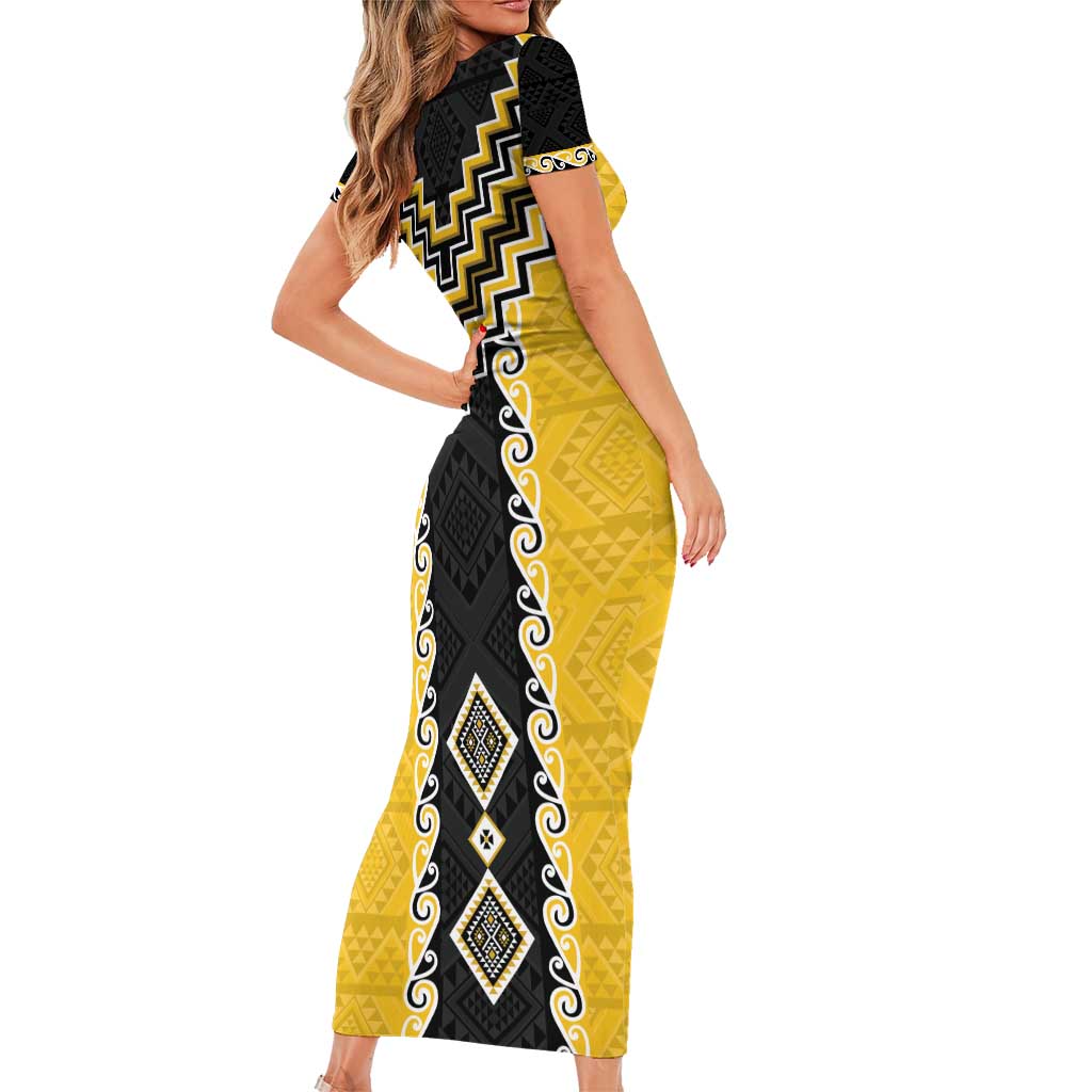 Yellow Niho Taniwha Mix Poutama Family Matching Short Sleeve Bodycon Dress and Hawaiian Shirt Unique Taniko Aotearoa LT01 - Polynesian Pride