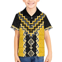 Yellow Niho Taniwha Mix Poutama Family Matching Short Sleeve Bodycon Dress and Hawaiian Shirt Unique Taniko Aotearoa LT01 Son's Shirt Yellow - Polynesian Pride
