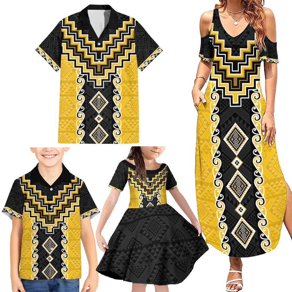 Yellow Niho Taniwha Mix Poutama Family Matching Summer Maxi Dress and Hawaiian Shirt Unique Taniko Aotearoa LT01 - Polynesian Pride