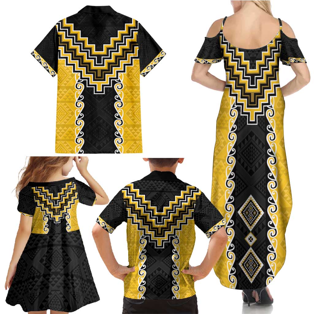 Yellow Niho Taniwha Mix Poutama Family Matching Summer Maxi Dress and Hawaiian Shirt Unique Taniko Aotearoa LT01 - Polynesian Pride