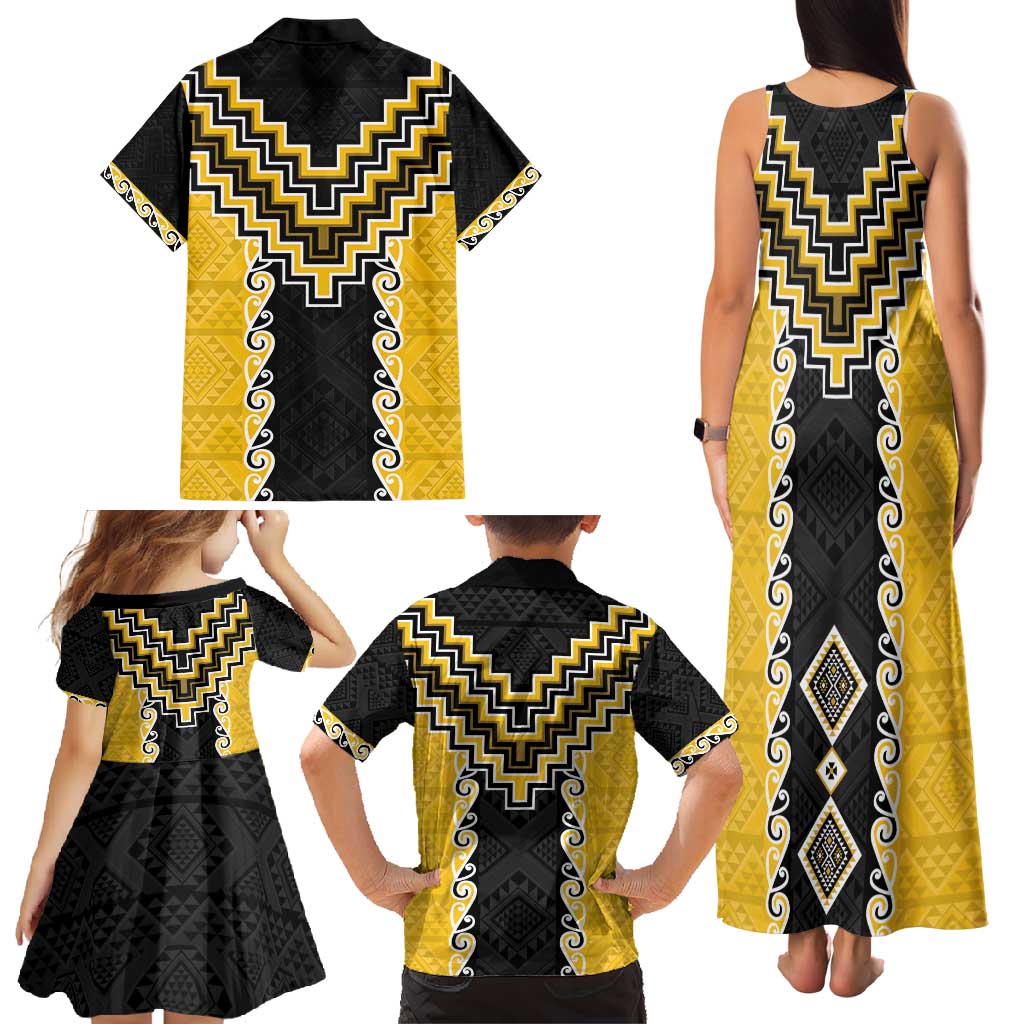 Yellow Niho Taniwha Mix Poutama Family Matching Tank Maxi Dress and Hawaiian Shirt Unique Taniko Aotearoa LT01 - Polynesian Pride