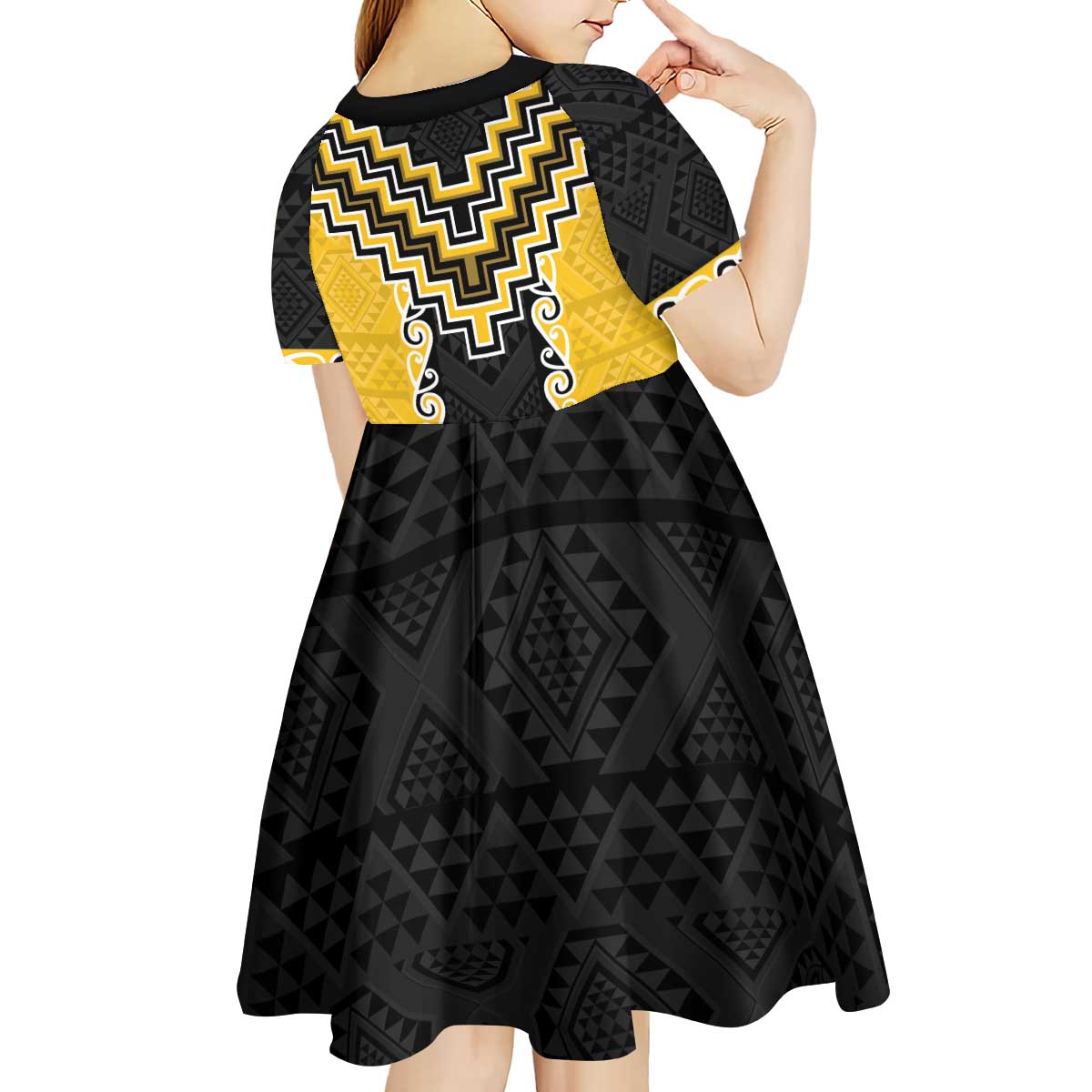 Yellow Niho Taniwha Mix Poutama Kid Short Sleeve Dress Unique Taniko Aotearoa
