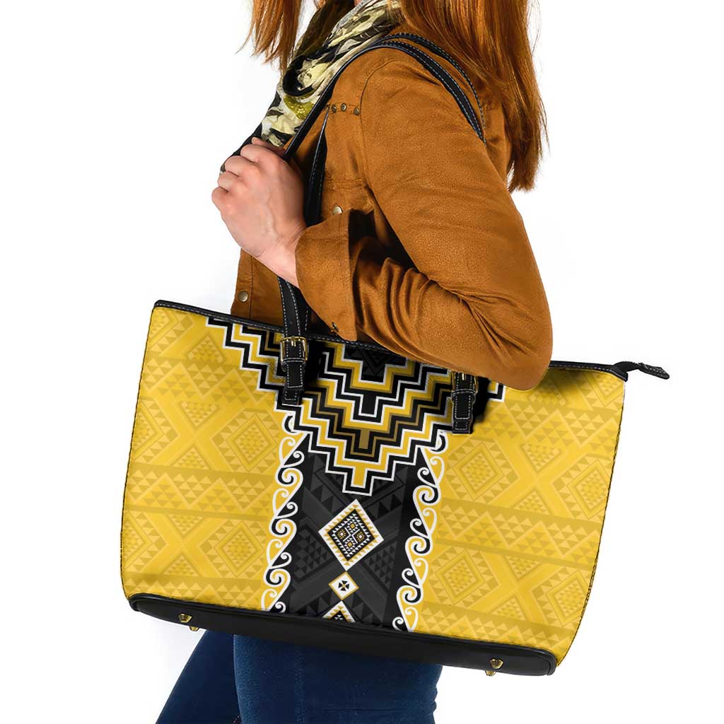 Yellow Niho Taniwha Mix Poutama Leather Tote Bag Unique Taniko Aotearoa LT01 Yellow - Polynesian Pride