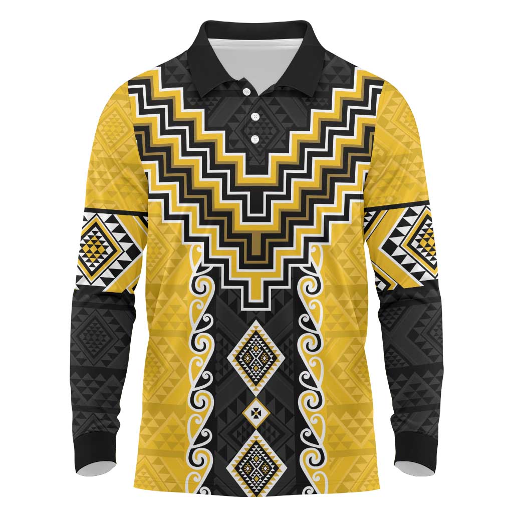 Yellow Niho Taniwha Mix Poutama Long Sleeve Polo Shirt Unique Taniko Aotearoa LT01 Yellow - Polynesian Pride