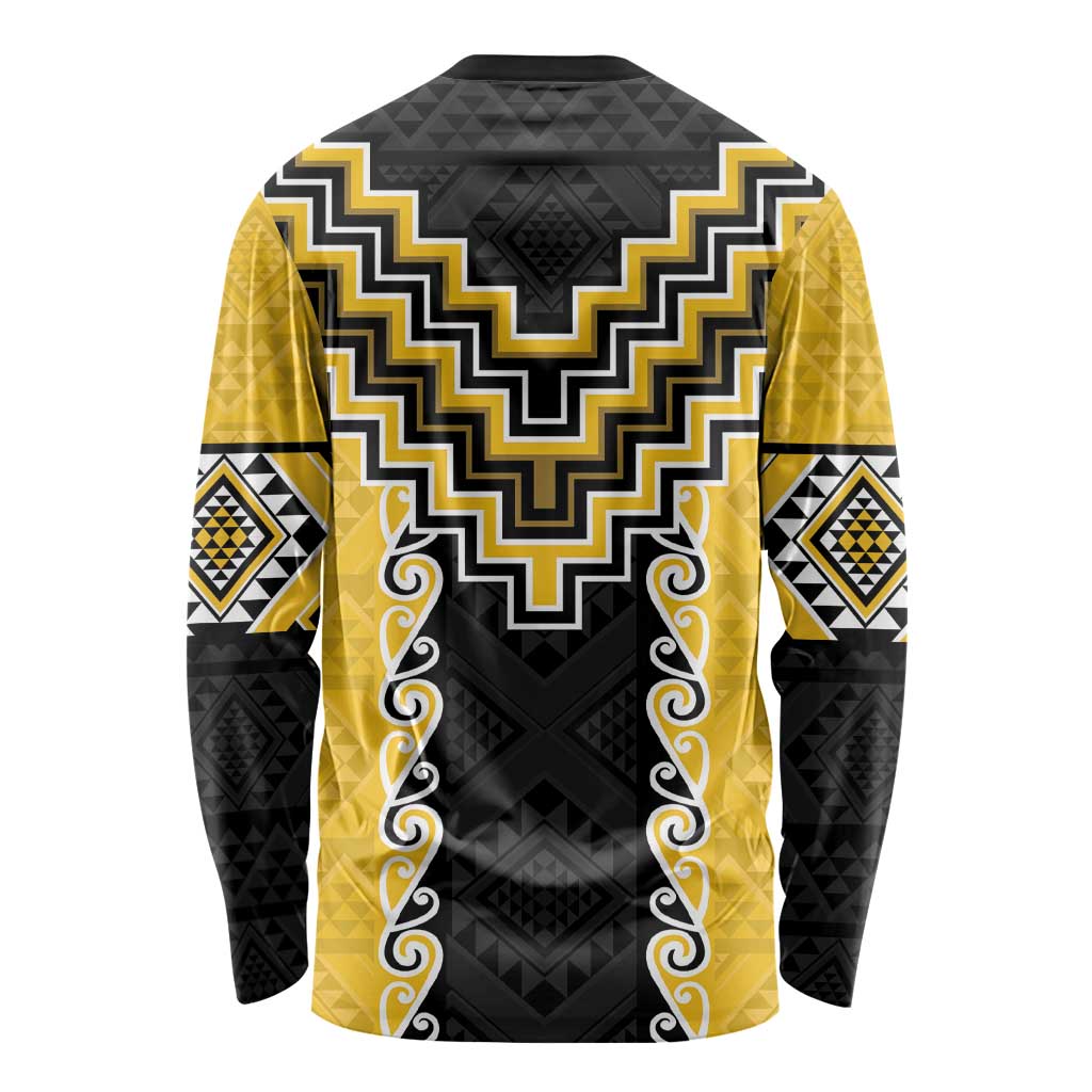 Yellow Niho Taniwha Mix Poutama Long Sleeve Shirt Unique Taniko Aotearoa