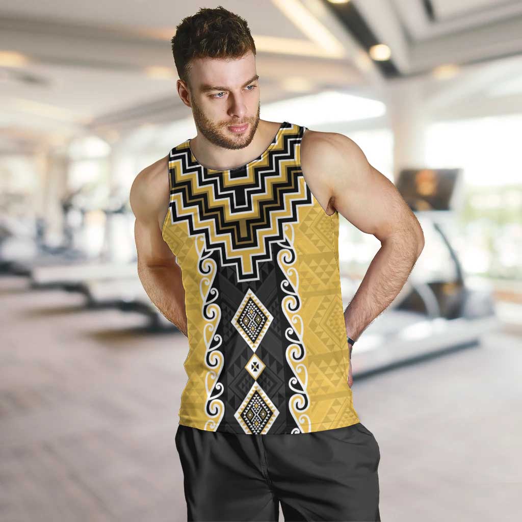 Yellow Niho Taniwha Mix Poutama Men Tank Top Unique Taniko Aotearoa LT01 Yellow - Polynesian Pride