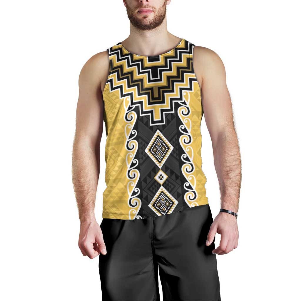 Yellow Niho Taniwha Mix Poutama Men Tank Top Unique Taniko Aotearoa LT01 - Polynesian Pride
