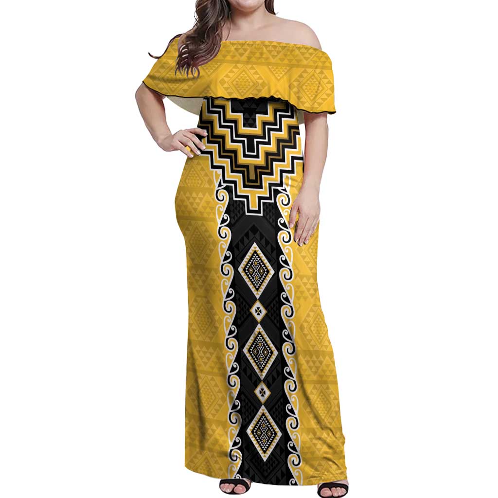 Yellow Niho Taniwha Mix Poutama Off Shoulder Maxi Dress Unique Taniko Aotearoa