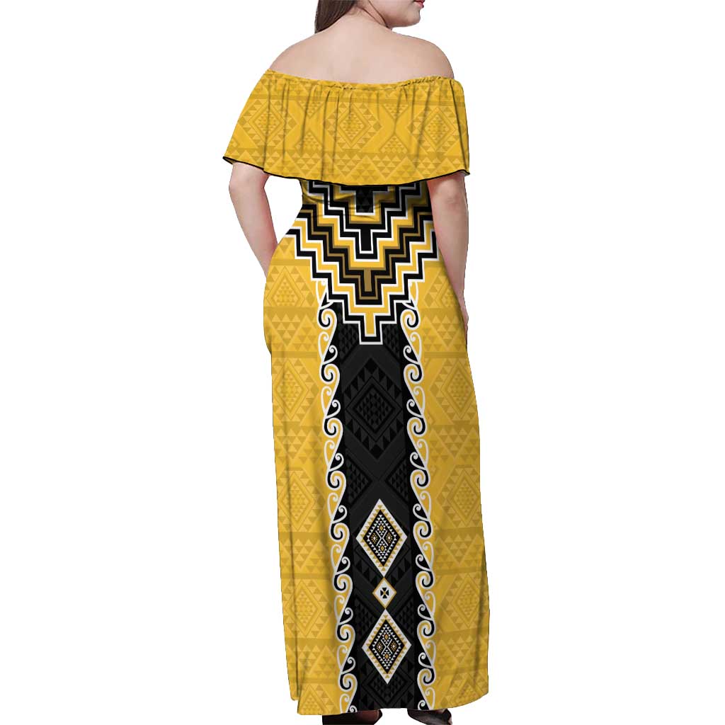 Yellow Niho Taniwha Mix Poutama Off Shoulder Maxi Dress Unique Taniko Aotearoa LT01 - Polynesian Pride