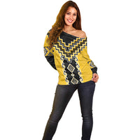 Yellow Niho Taniwha Mix Poutama Off Shoulder Sweater Unique Taniko Aotearoa