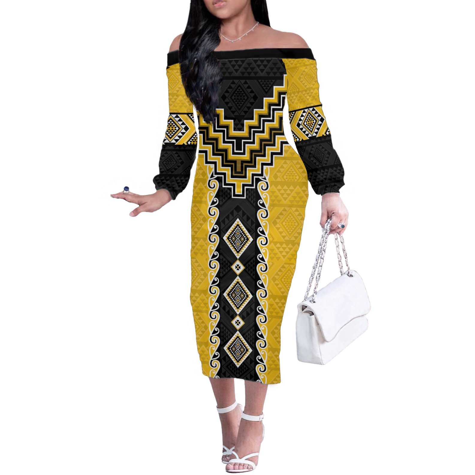 Yellow Niho Taniwha Mix Poutama Off The Shoulder Long Sleeve Dress Unique Taniko Aotearoa