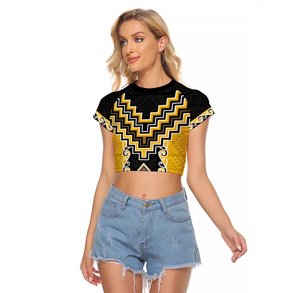 Yellow Niho Taniwha Mix Poutama Raglan Cropped T Shirt Unique Taniko Aotearoa