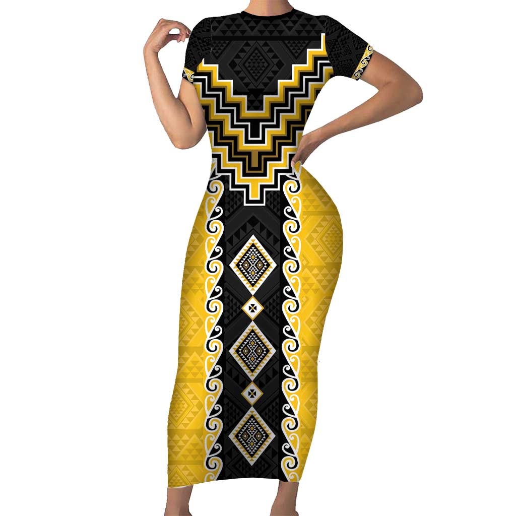 Yellow Niho Taniwha Mix Poutama Short Sleeve Bodycon Dress Unique Taniko Aotearoa LT01 Long Dress Yellow - Polynesian Pride