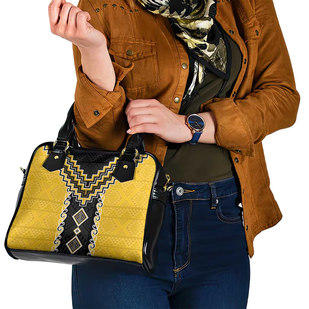 Yellow Niho Taniwha Mix Poutama Shoulder Handbag Unique Taniko Aotearoa