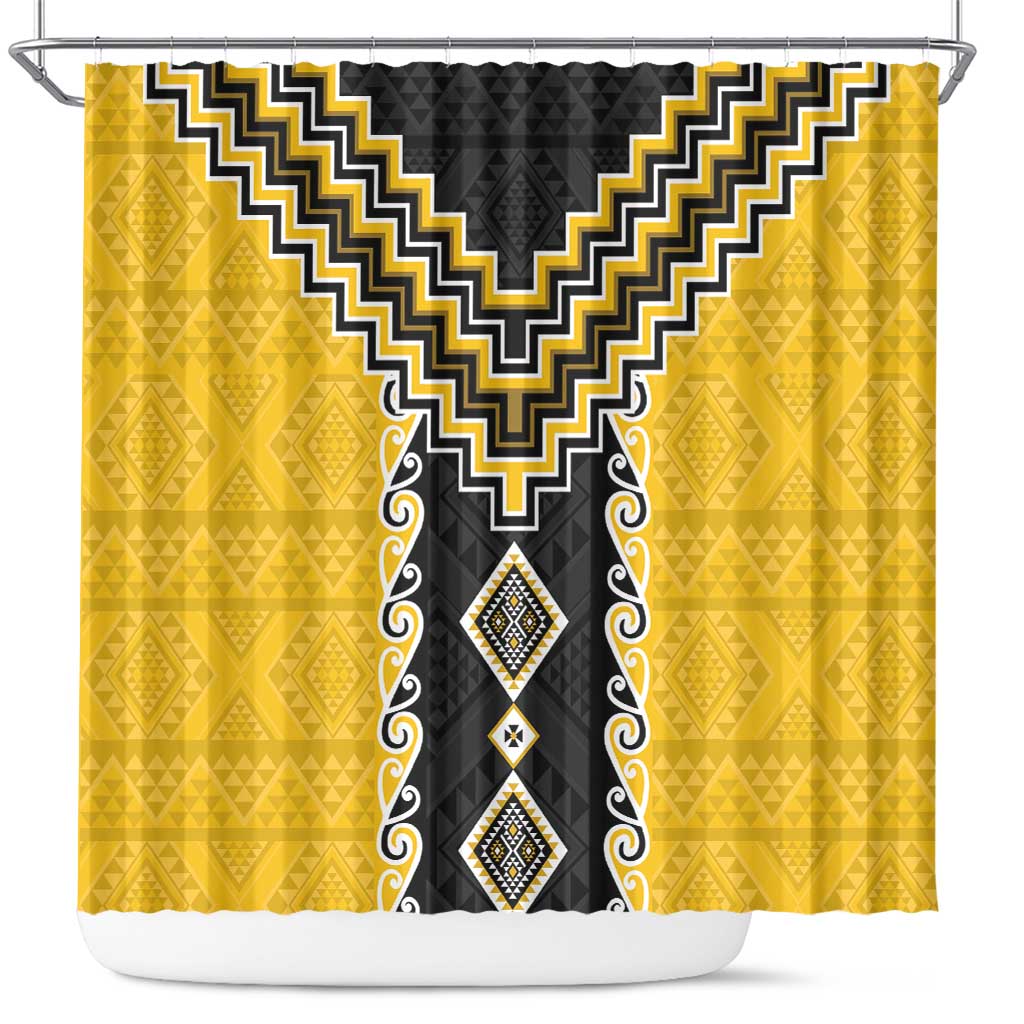 Yellow Niho Taniwha Mix Poutama Shower Curtain Unique Taniko Aotearoa LT01 Yellow - Polynesian Pride