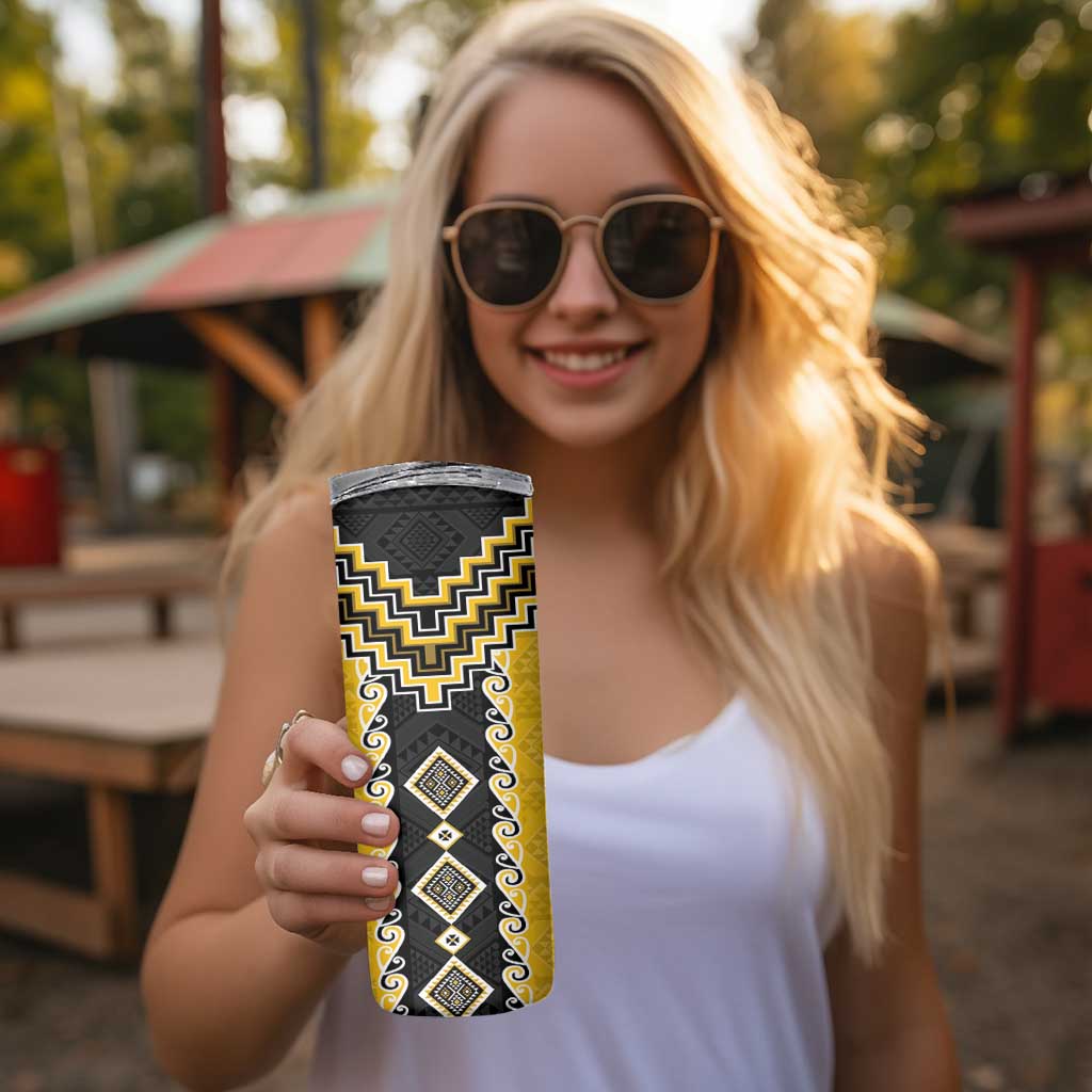 Yellow Niho Taniwha Mix Poutama Skinny Tumbler Unique Taniko Aotearoa